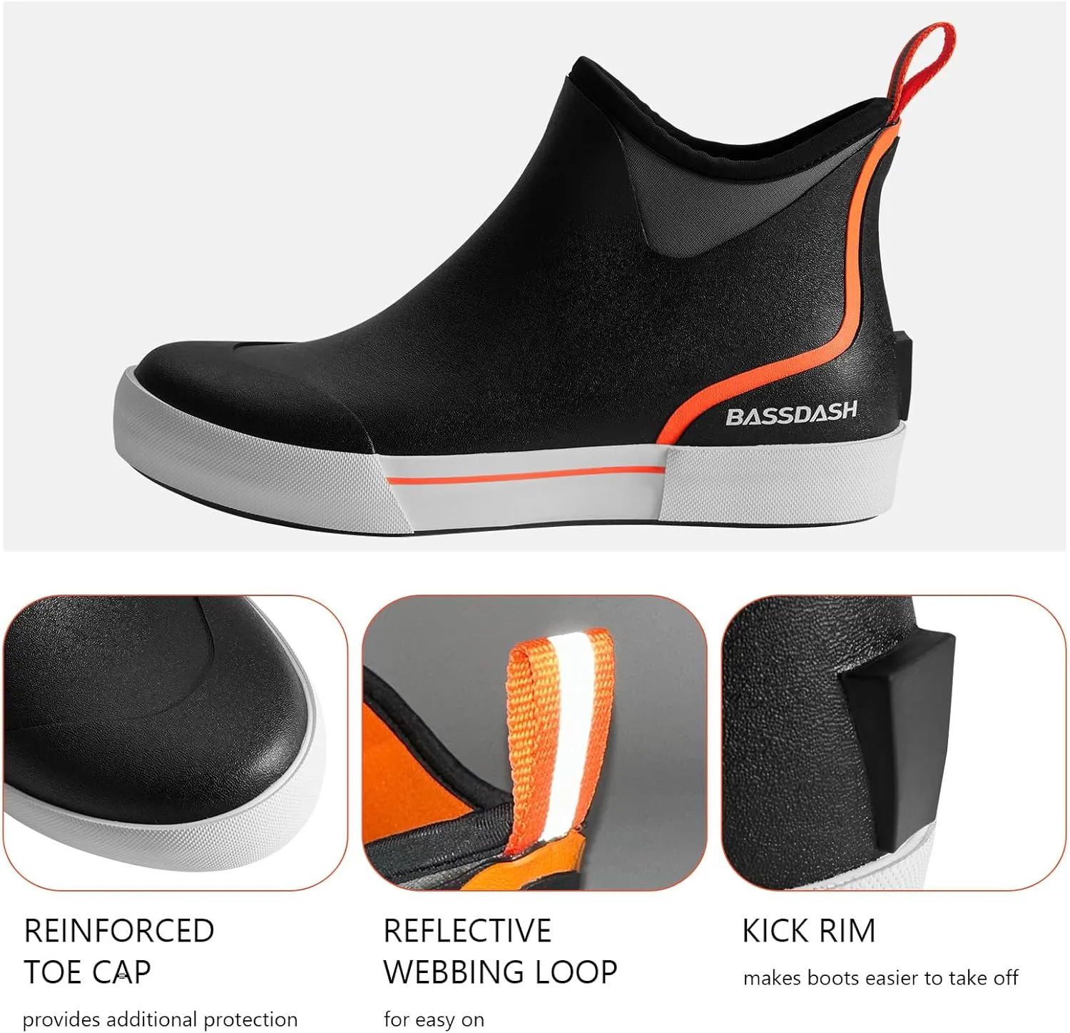 BASSDASH Mens 4.5" Waterproof Fishing Deck Boots Anti-Slip Rubber Ankle Boots Rain Shoes for Boating Gardening Working
