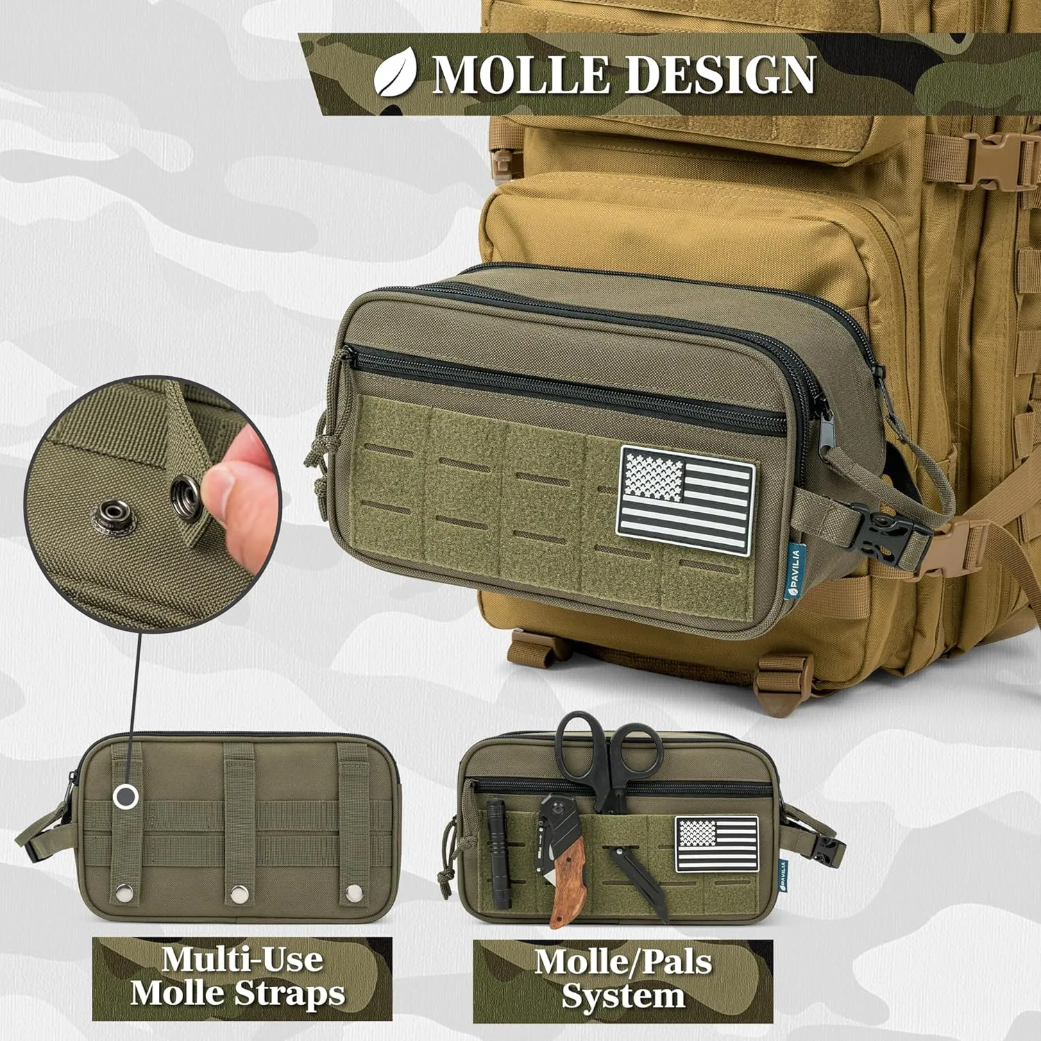 PAVILIA Tactical Toiletry Bag for Men, Hygiene Travel Bag, Military Dopp Kit, Water Resistant Molle Pouch, Mens Shaving Grooming Essentials, Bathroom Shower Toiletries Small Organizer Case, Olive