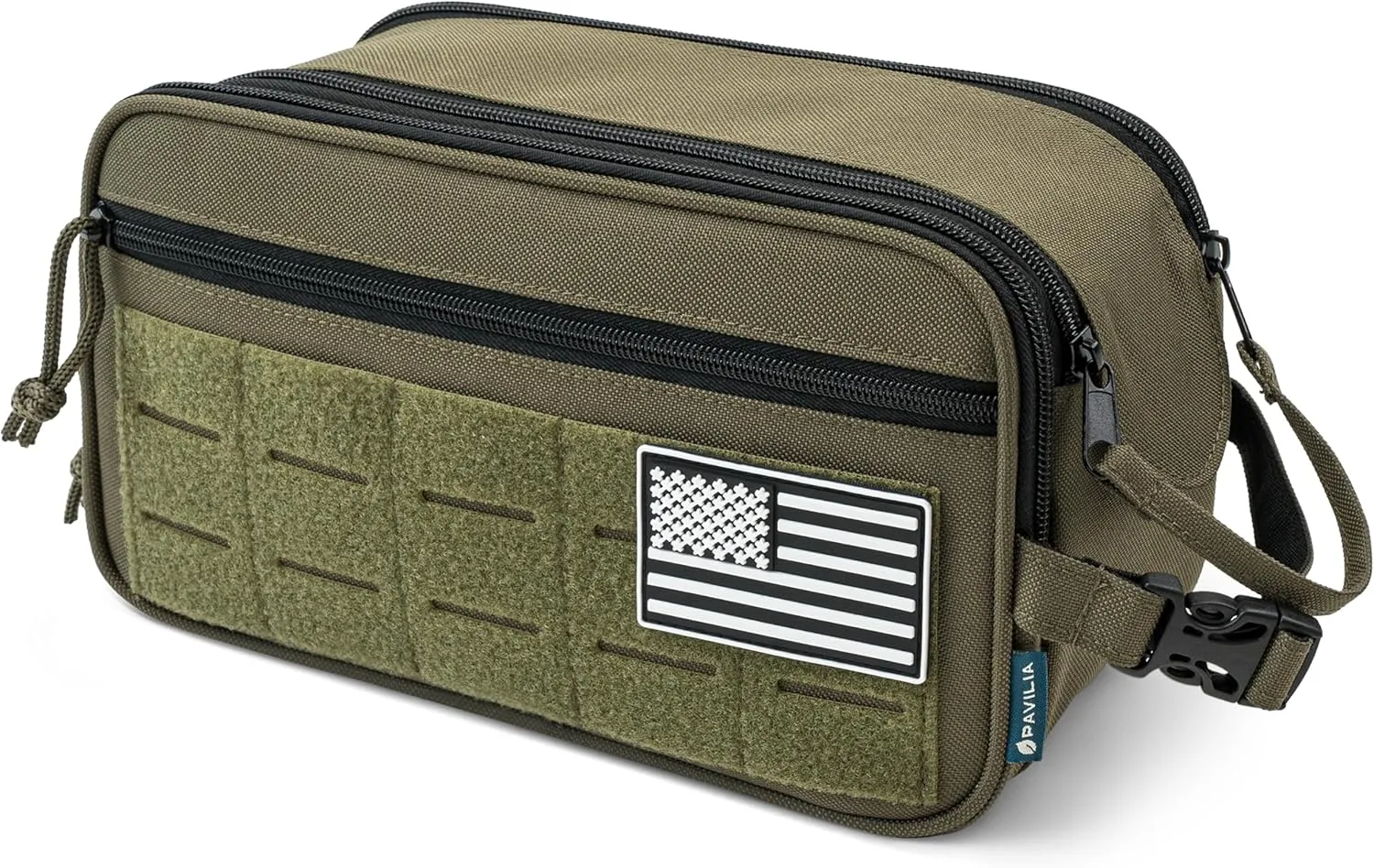 PAVILIA Tactical Toiletry Bag for Men, Hygiene Travel Bag, Military Dopp Kit, Water Resistant Molle Pouch, Mens Shaving Grooming Essentials, Bathroom Shower Toiletries Small Organizer Case, Olive