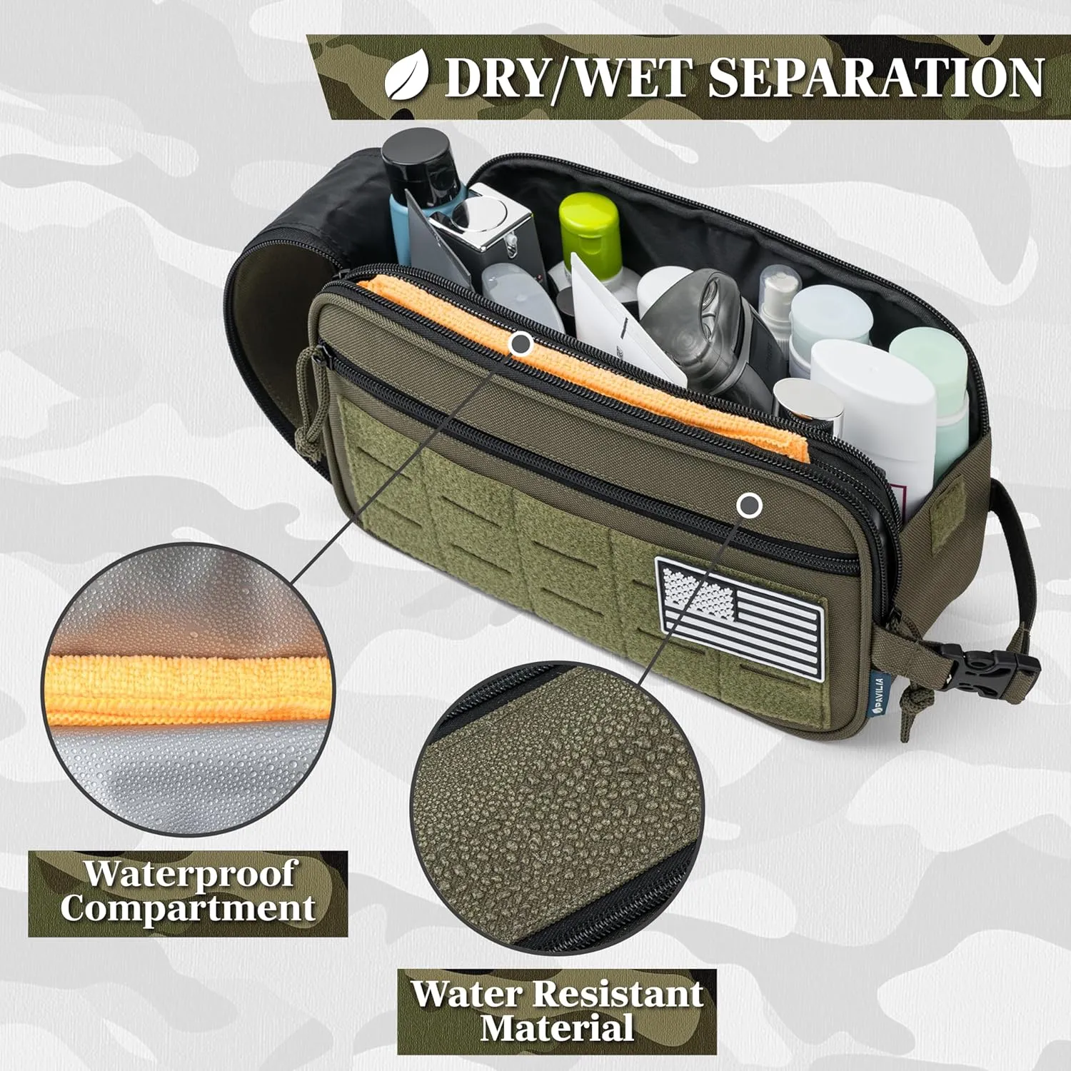 PAVILIA Tactical Toiletry Bag for Men, Hygiene Travel Bag, Military Dopp Kit, Water Resistant Molle Pouch, Mens Shaving Grooming Essentials, Bathroom Shower Toiletries Small Organizer Case, Olive