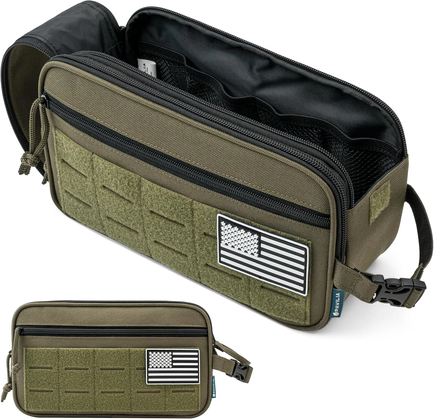 PAVILIA Tactical Toiletry Bag for Men, Hygiene Travel Bag, Military Dopp Kit, Water Resistant Molle Pouch, Mens Shaving Grooming Essentials, Bathroom Shower Toiletries Small Organizer Case, Olive
