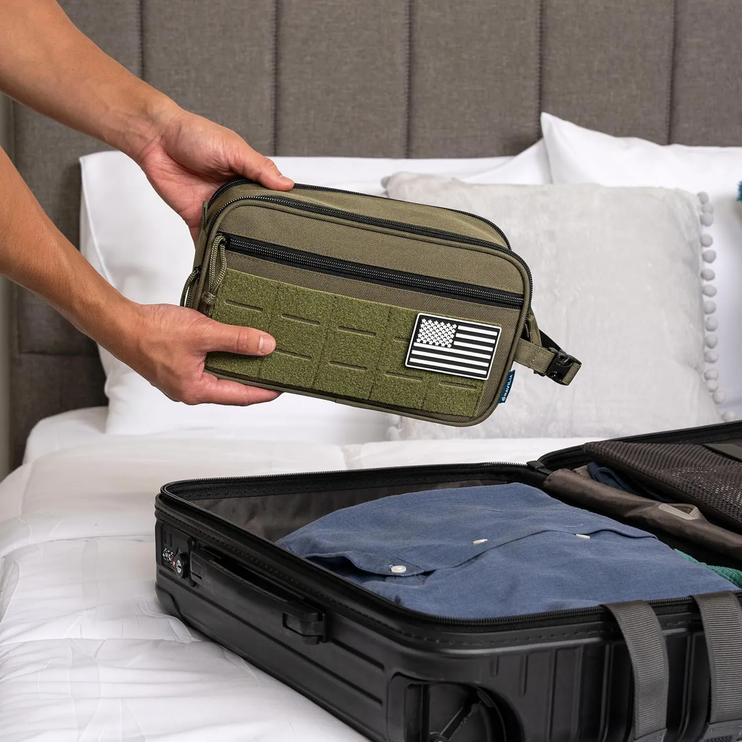 PAVILIA Tactical Toiletry Bag for Men, Hygiene Travel Bag, Military Dopp Kit, Water Resistant Molle Pouch, Mens Shaving Grooming Essentials, Bathroom Shower Toiletries Small Organizer Case, Olive