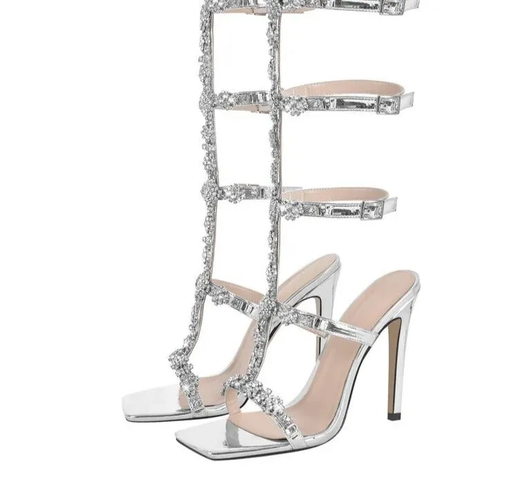 Women Square Toe Rhinestone Summer Sandals Crystal Lace-Up Stiletto